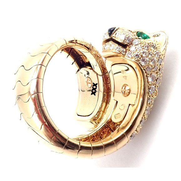 Authentic! Cartier Panther 18k Yellow Gold Diamond Emerald Onyx Band Ring - Picture 9 of 11